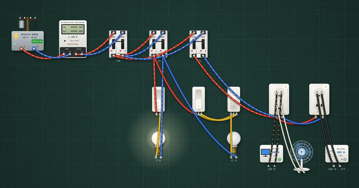 House wiring bench: breakers, RCD, switches, outlets and appliances