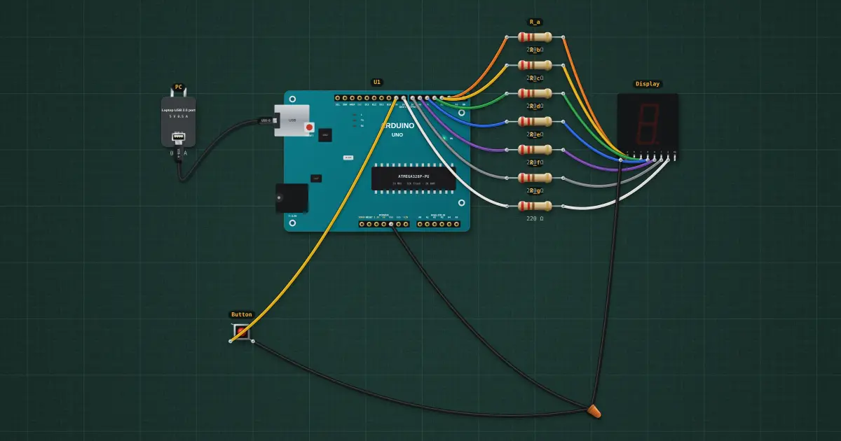 Electronic dice: the finished build running on the simulator's bench