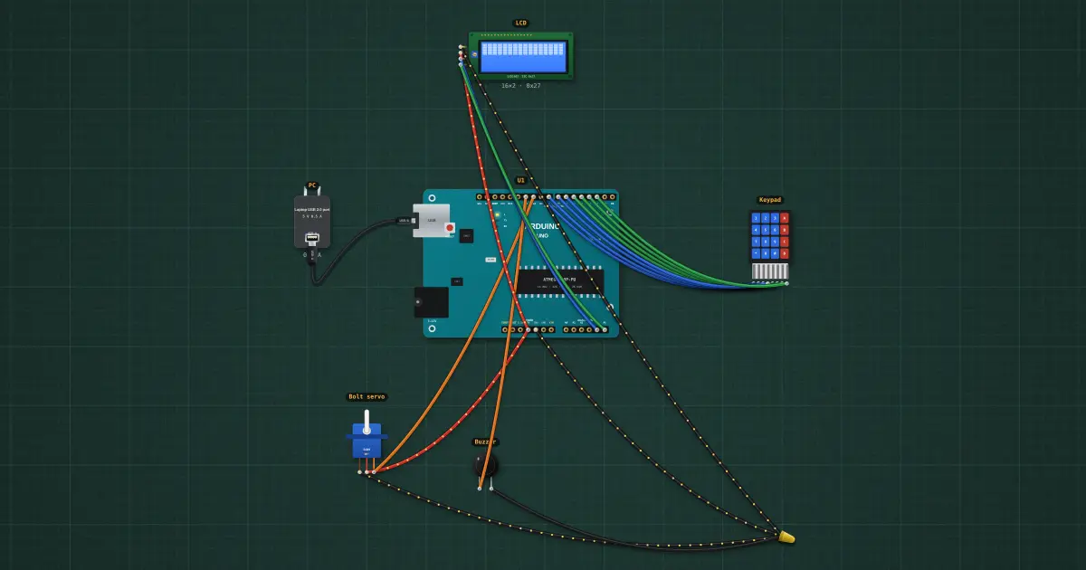 Keypad door lock: the finished build running on the simulator's bench