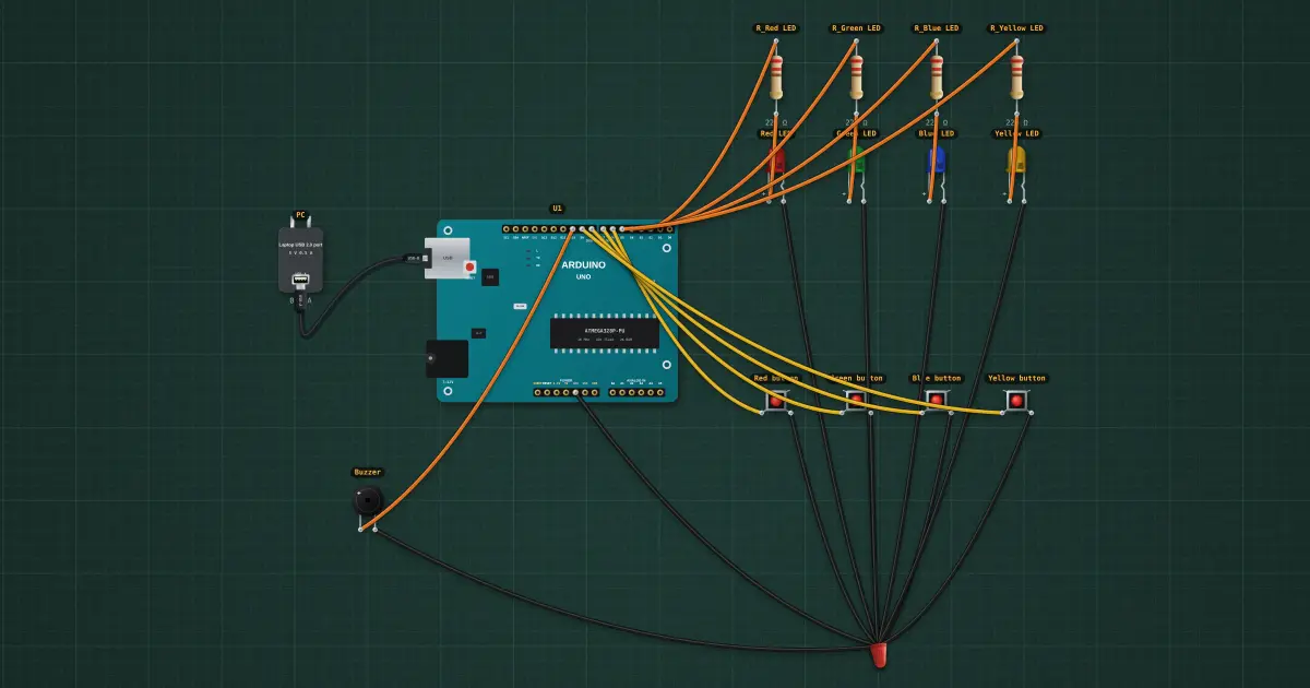 Simon memory game: the finished build running on the simulator's bench