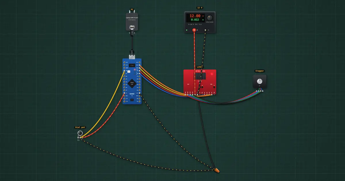 Stepper dial: a pot sets the angle: the finished build running on the simulator's bench
