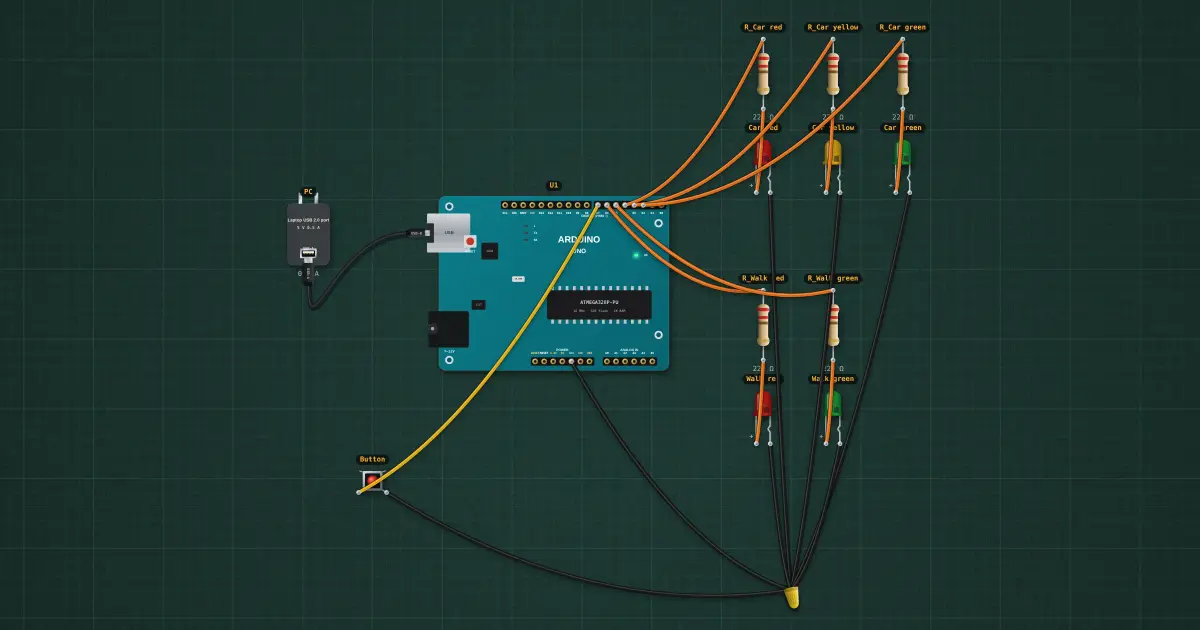 Traffic light with a pedestrian button: the finished build running on the simulator's bench