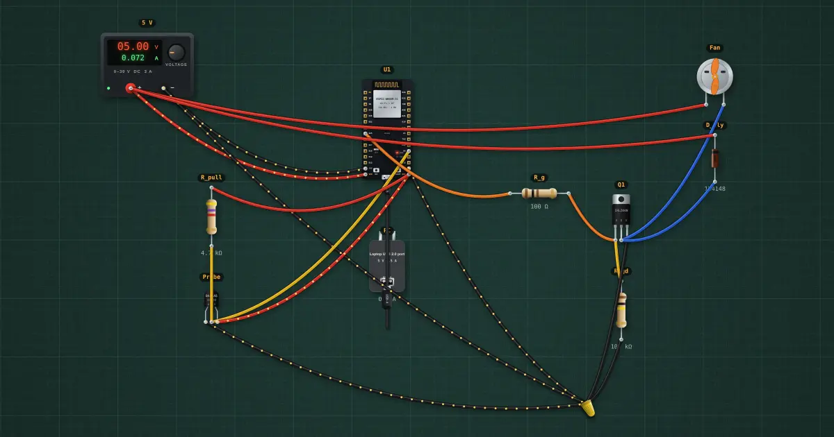 Temperature-controlled fan: the finished build running on the simulator's bench
