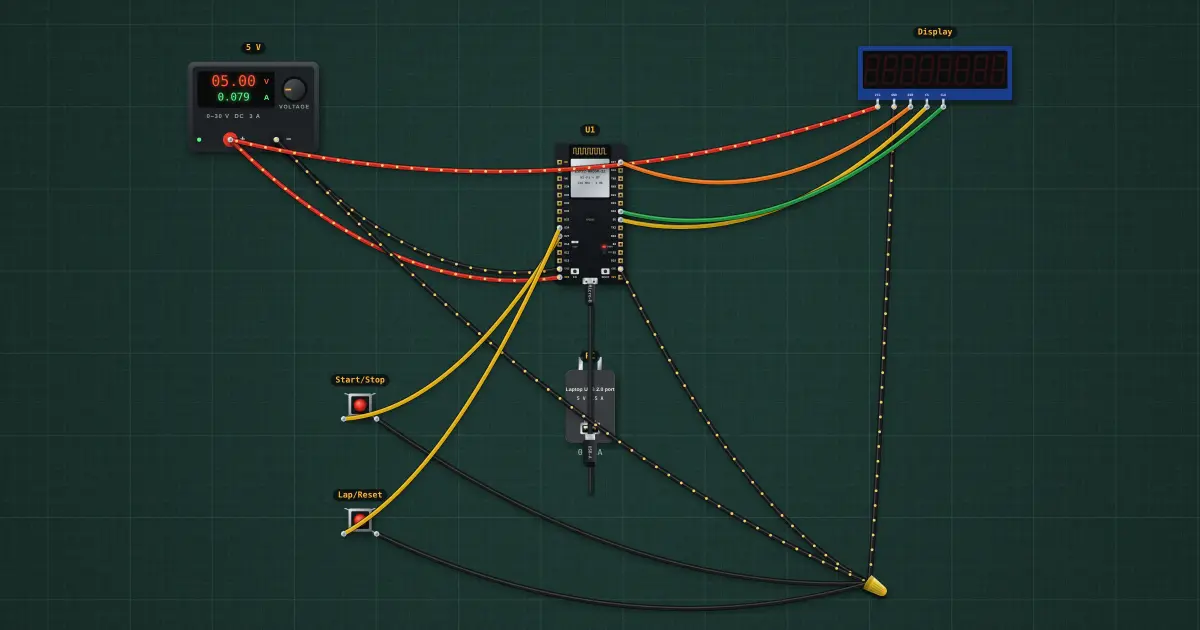 Stopwatch on a MAX7219 display: the finished build running on the simulator's bench
