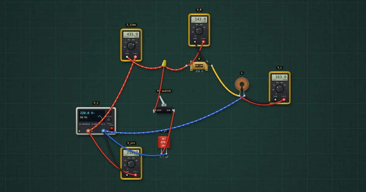 Single-phase AC circuit: the circuit on the simulator's bench