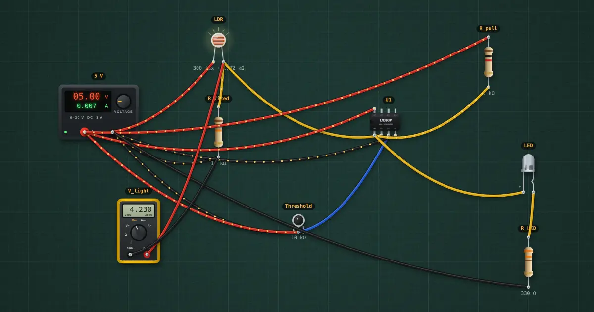 Comparator with a light sensor: the circuit on the simulator's bench