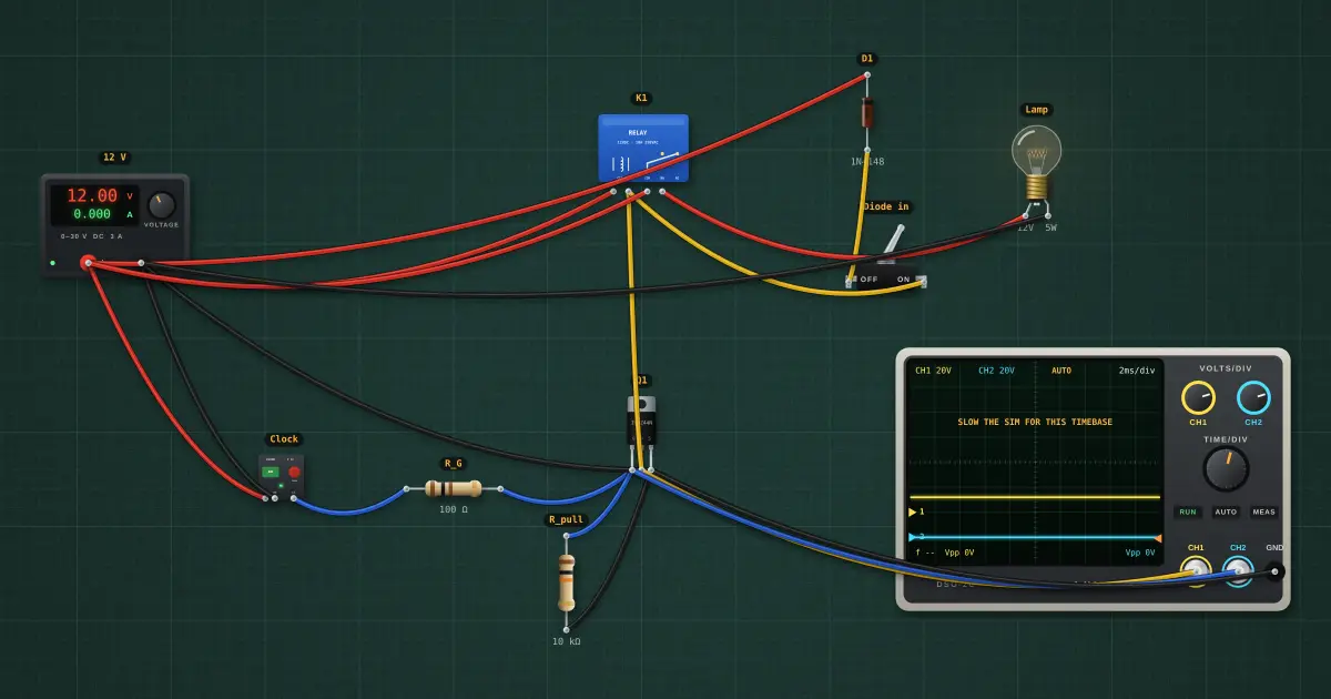 Inductive load and the flyback diode: the circuit on the simulator's bench