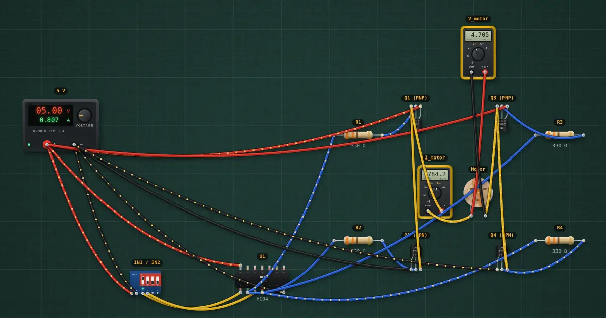 H-bridge motor driver: the circuit on the simulator's bench