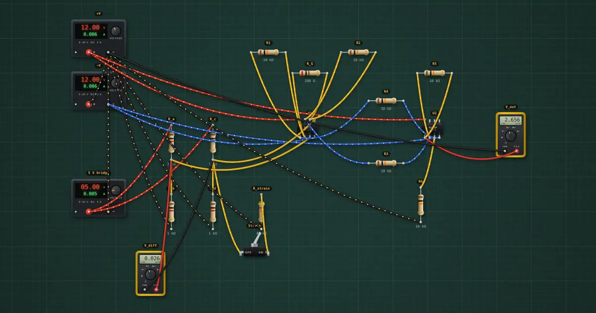 Instrumentation amplifier: the circuit on the simulator's bench