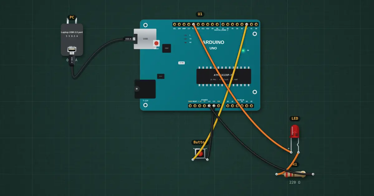 Reading a button: floating inputs and INPUT_PULLUP: the circuit on the simulator's bench