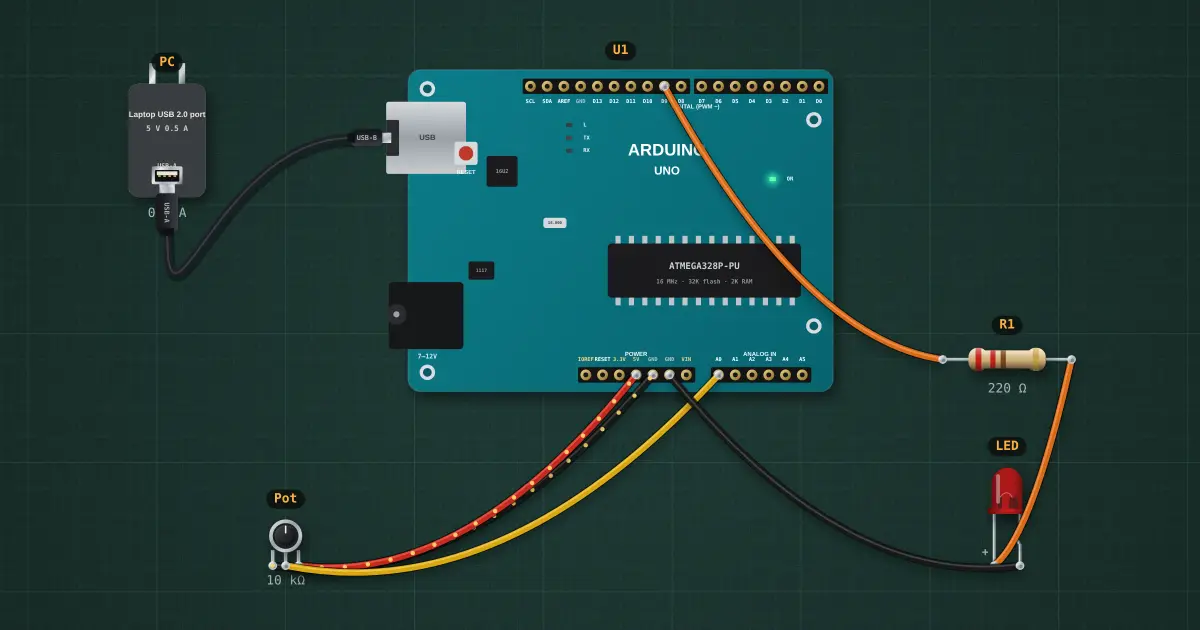 analogRead and PWM: a pot dims an LED: the circuit on the simulator's bench