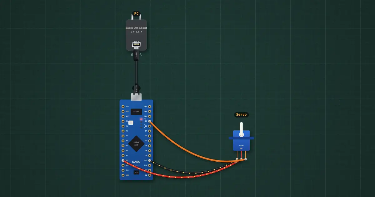Arduino Nano on a breadboard: a servo sweep: the circuit on the simulator's bench