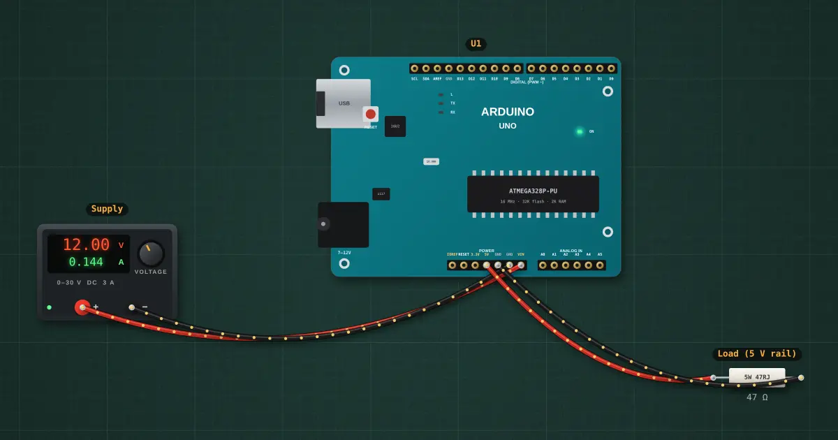Powering an Arduino: USB, VIN and the regulator: the circuit on the simulator's bench