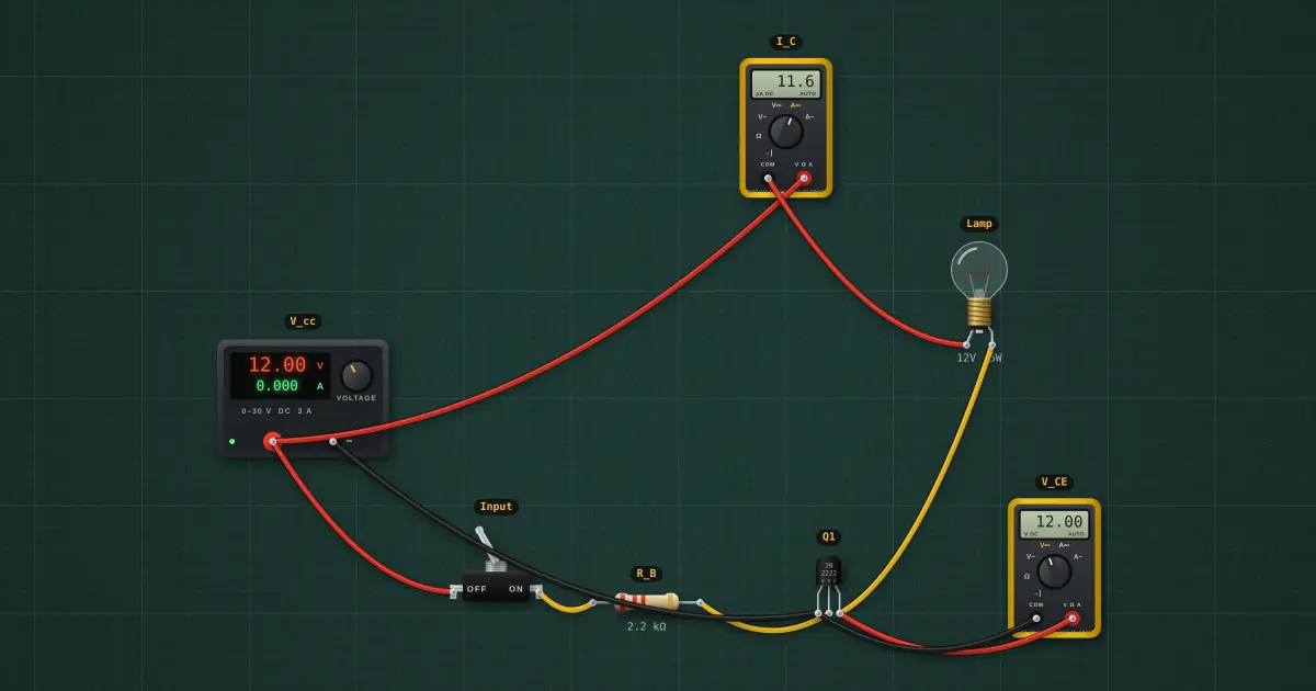 Transistor as a switch: the circuit on the simulator's bench