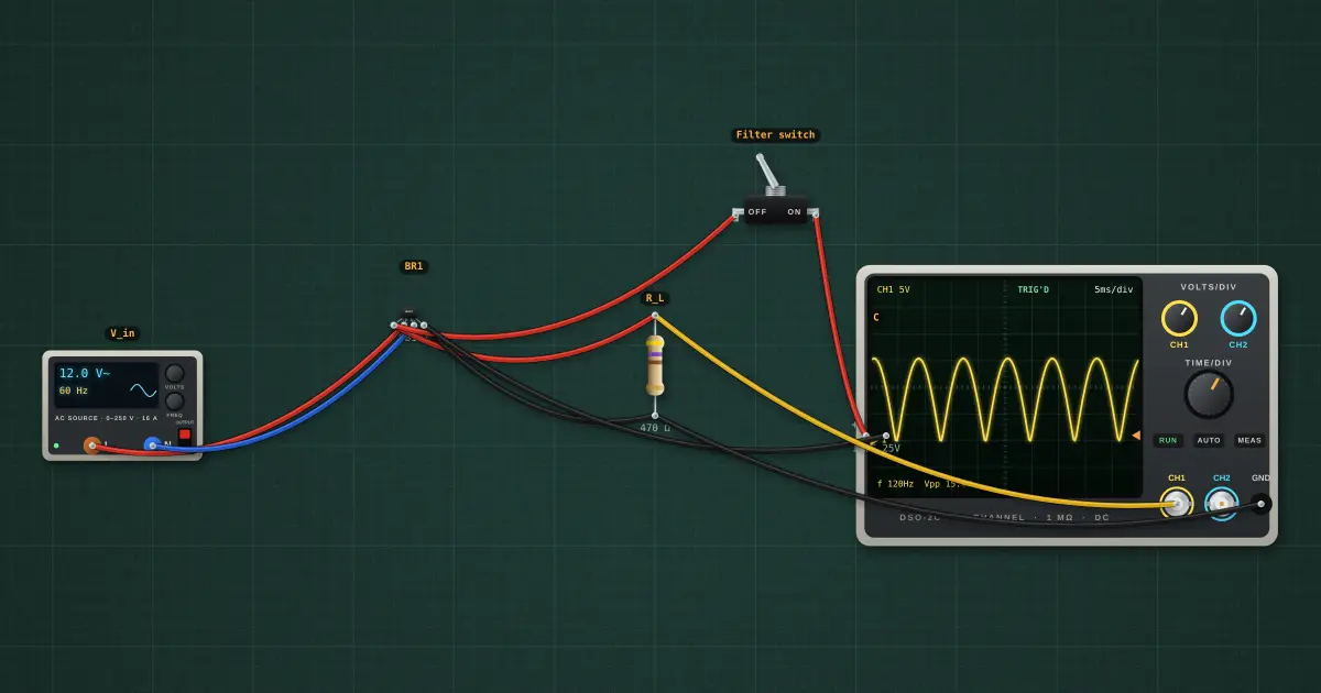 Bridge rectifier and filter: the circuit on the simulator's bench