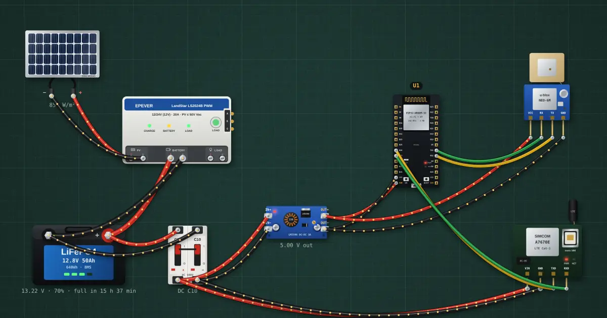Capstone: solar-powered GPS tracker: the circuit on the simulator's bench