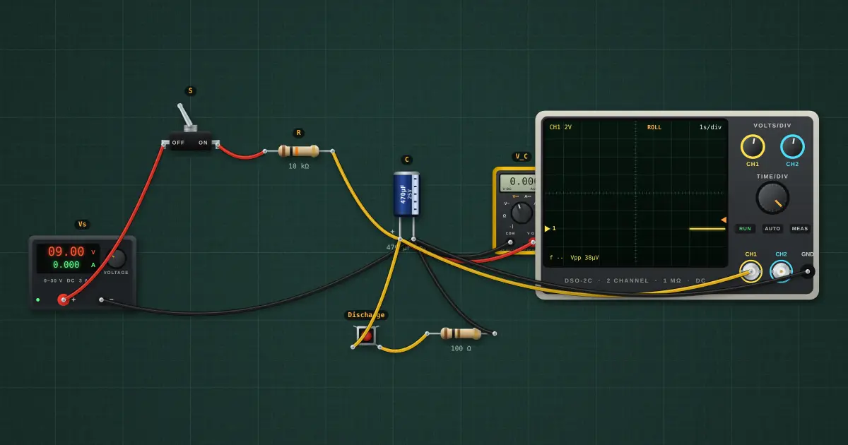 Capacitor charging: the circuit on the simulator's bench