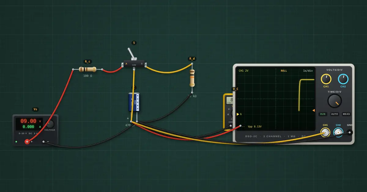 Capacitor discharging: the circuit on the simulator's bench