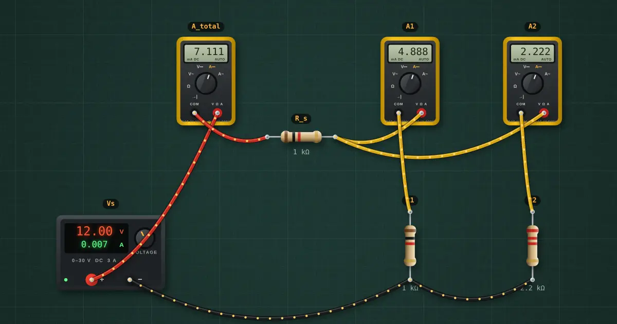 Current divider: the circuit on the simulator's bench