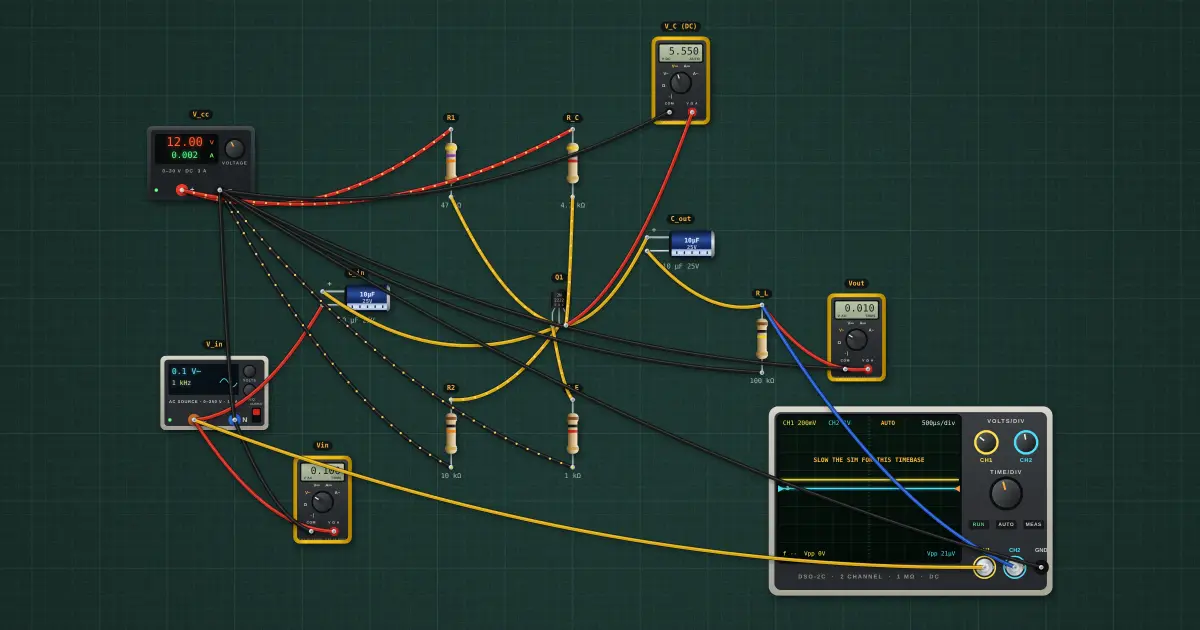 Common-emitter amplifier: the circuit on the simulator's bench