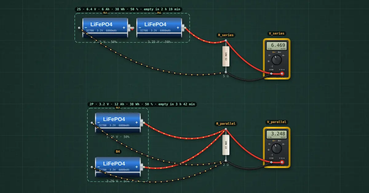 Cells in series and parallel (LiFePO4): the circuit on the simulator's bench