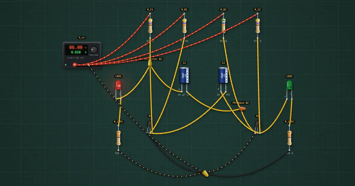 Astable multivibrator (two transistors): the circuit on the simulator's bench