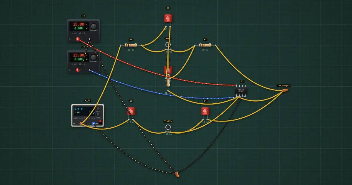 Baxandall tone control: the circuit on the simulator's bench