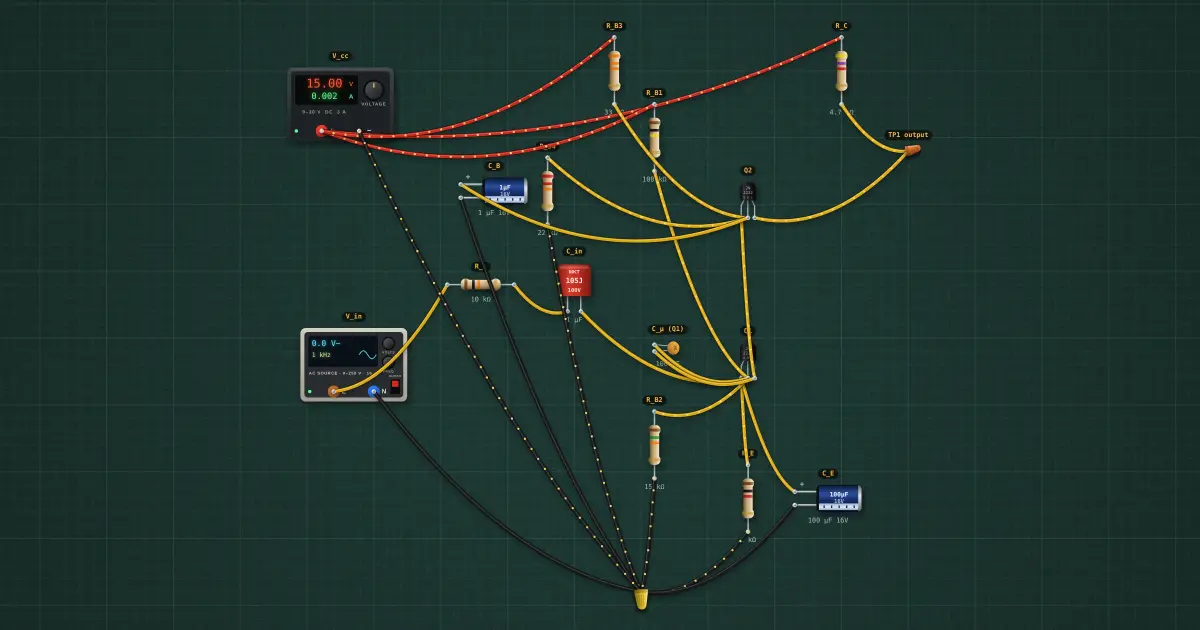 Cascode amplifier: the circuit on the simulator's bench