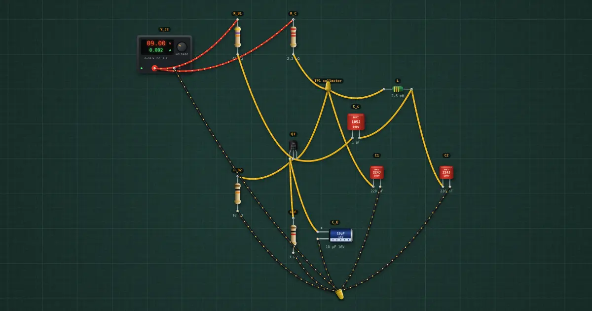 Colpitts and Hartley LC oscillators: the circuit on the simulator's bench