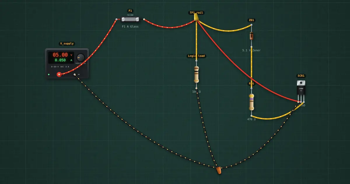 SCR crowbar over-voltage protection: the circuit on the simulator's bench