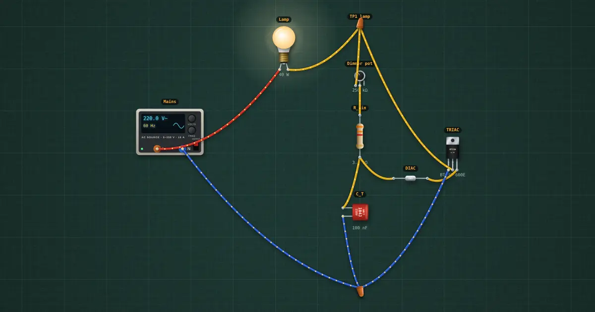 TRIAC light dimmer with DIAC: the circuit on the simulator's bench