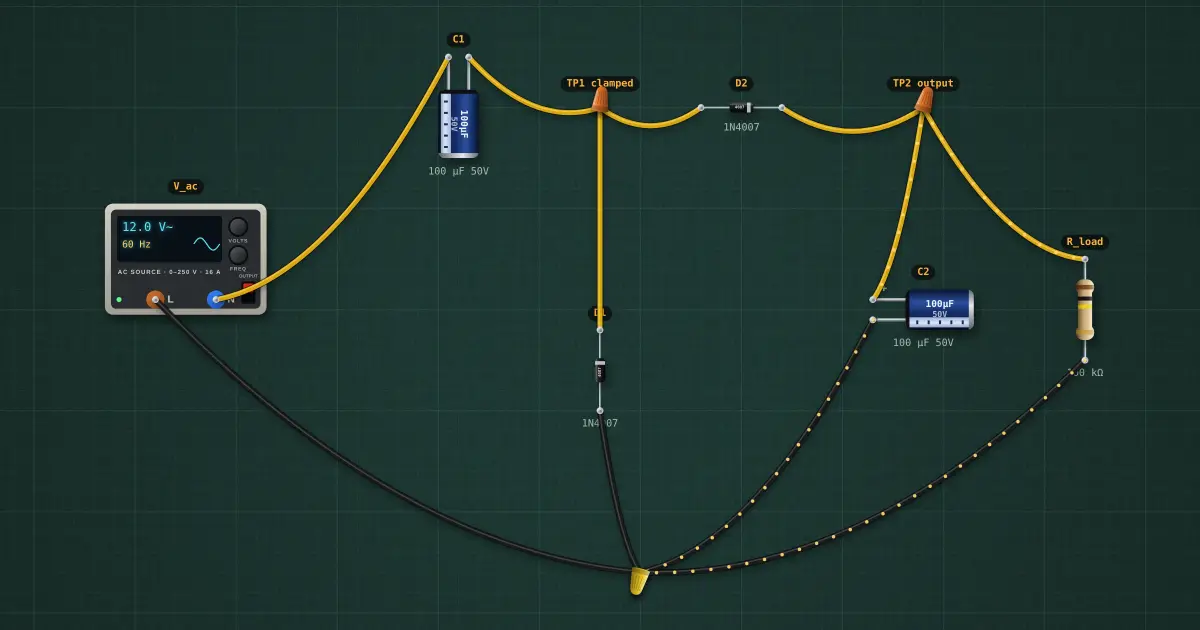 Voltage doubler and Cockcroft–Walton multiplier: the circuit on the simulator's bench