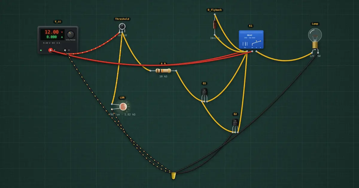 Light-activated switch with relay: the circuit on the simulator's bench
