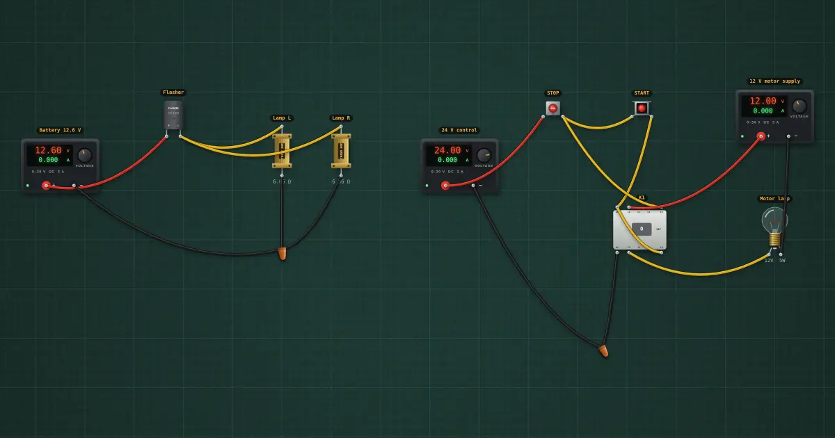 Thermal flasher and relay latch (start/stop): the circuit on the simulator's bench