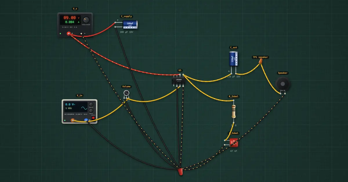 LM386 speaker amplifier: the circuit on the simulator's bench