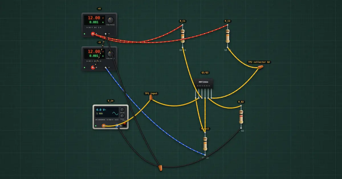Long-tailed pair (differential amplifier): the circuit on the simulator's bench