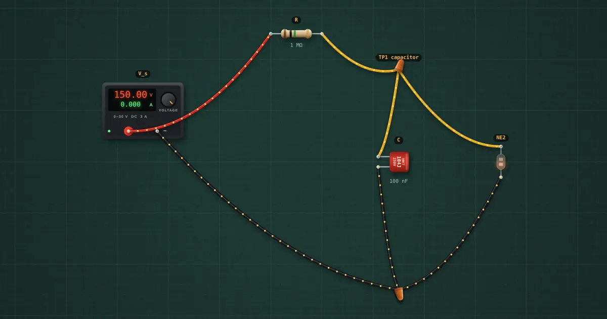 Neon-lamp relaxation oscillator: the circuit on the simulator's bench