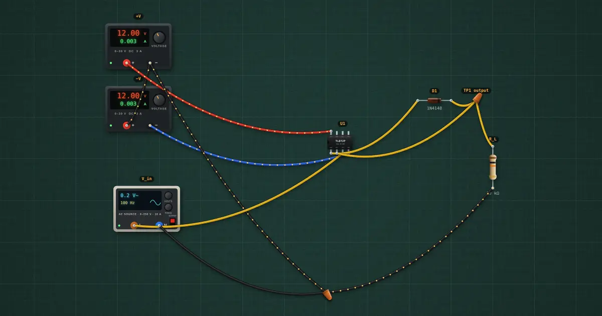 Precision rectifier (superdiode): the circuit on the simulator's bench