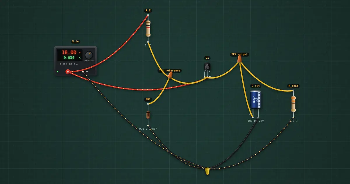 Series-pass regulator (transistor + Zener): the circuit on the simulator's bench