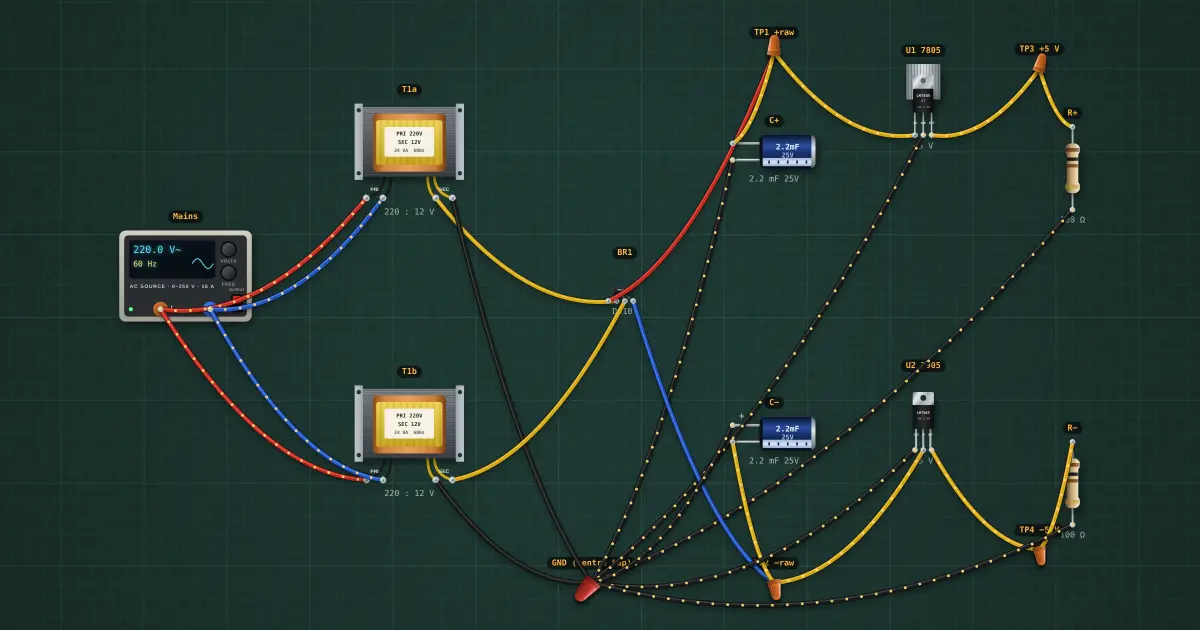 Split supply: ± rails for op-amps: the circuit on the simulator's bench