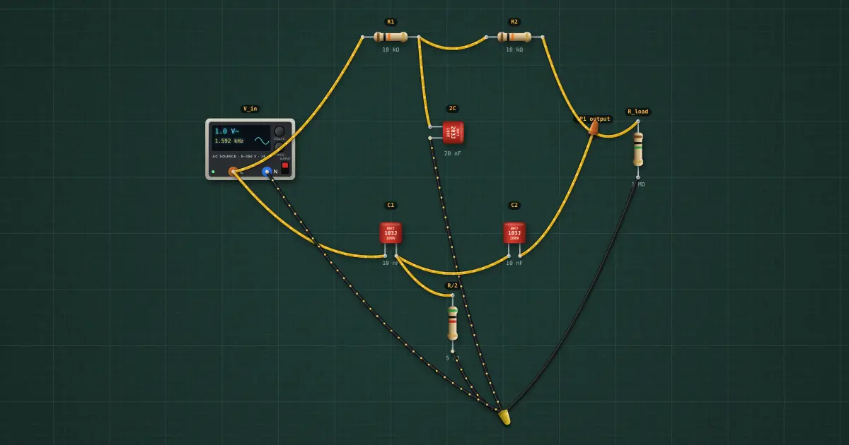 Twin-T notch filter: the circuit on the simulator's bench