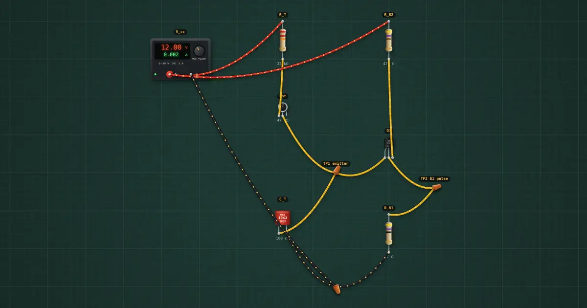 UJT relaxation oscillator: the circuit on the simulator's bench