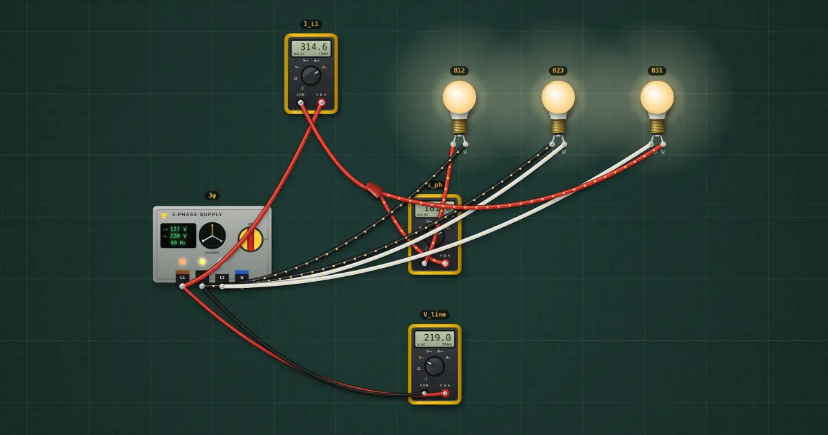 Three-phase delta (Δ): the circuit on the simulator's bench