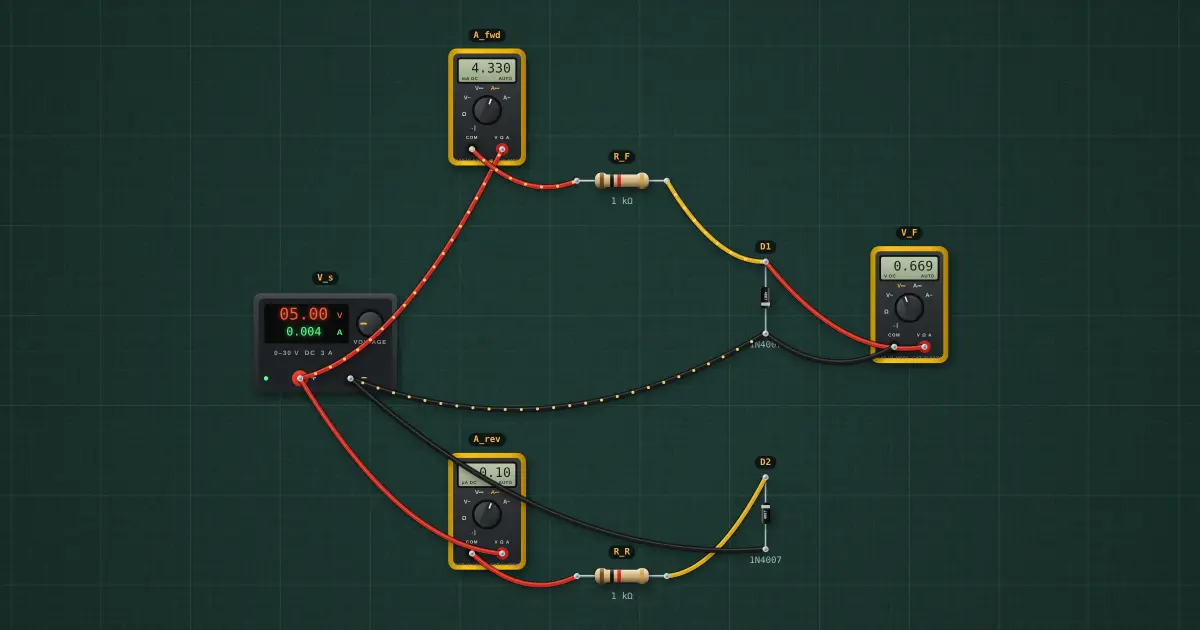 Diode forward and reverse bias: the circuit on the simulator's bench
