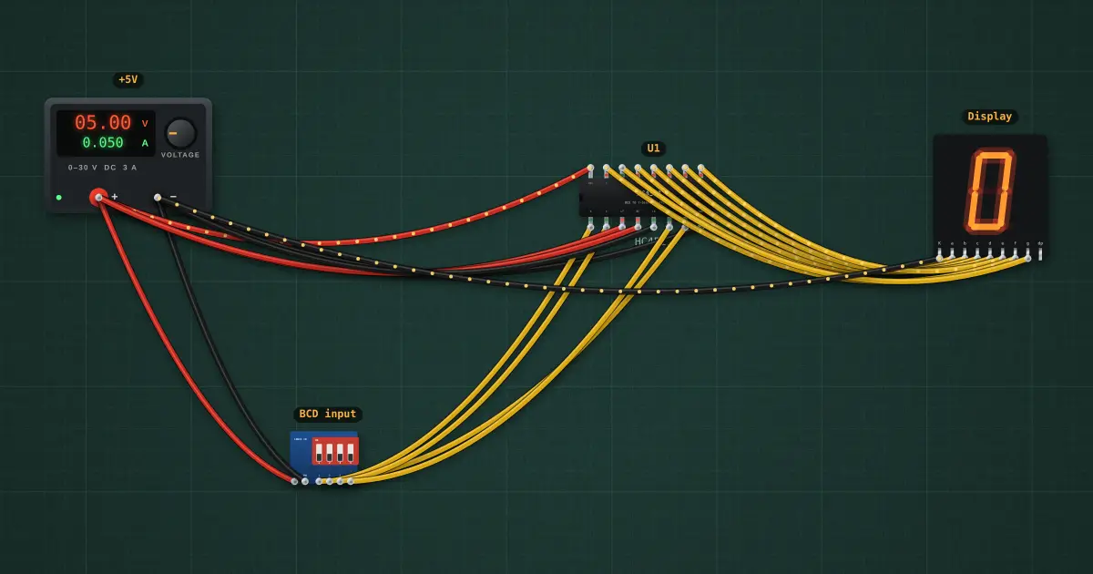 BCD decoder and 7-segment display: the circuit on the simulator's bench
