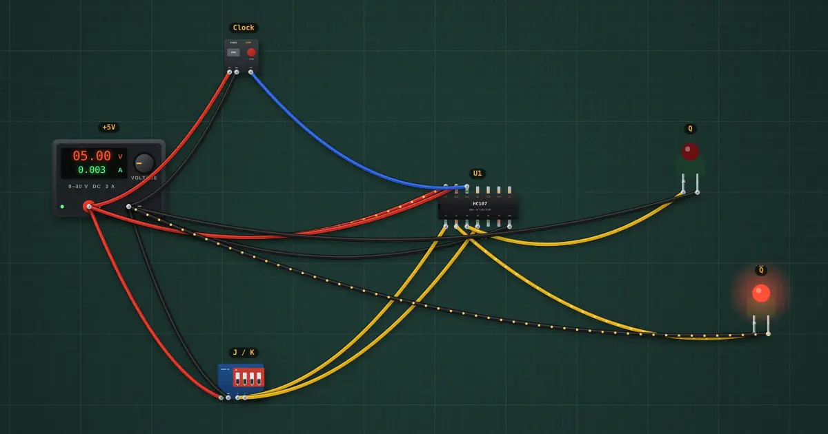 JK flip-flop: the circuit on the simulator's bench