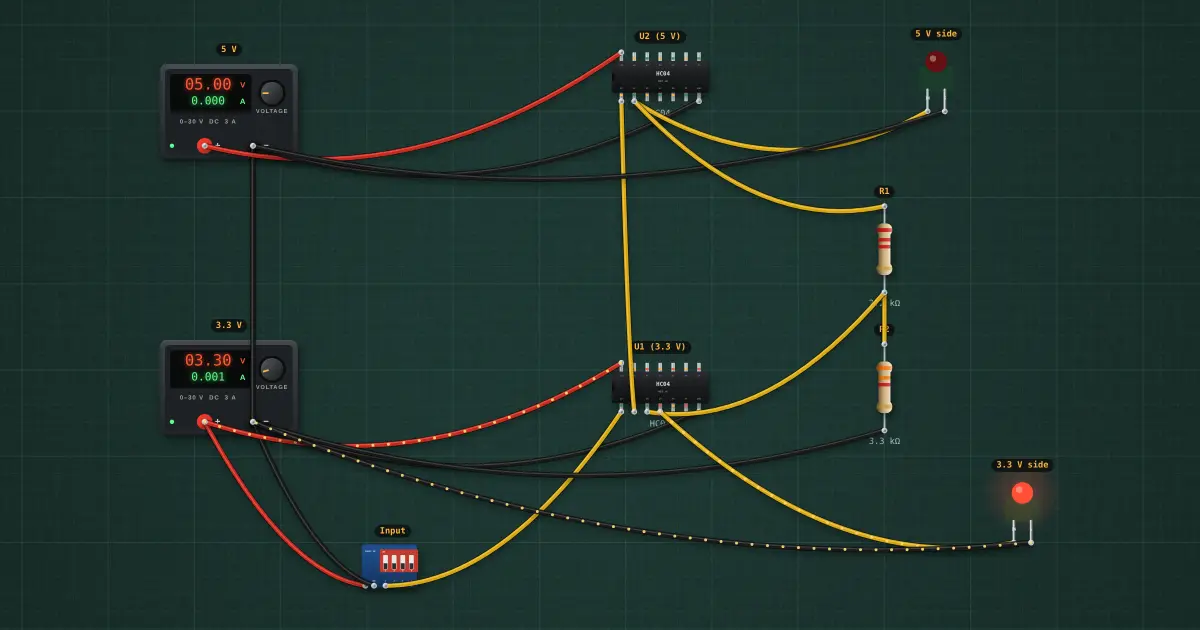 Logic levels and families: the circuit on the simulator's bench