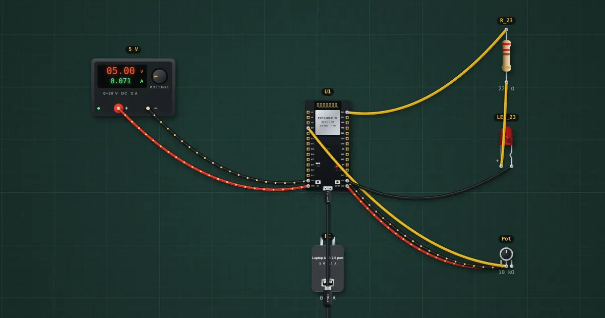 Analog in, PWM out: the circuit on the simulator's bench