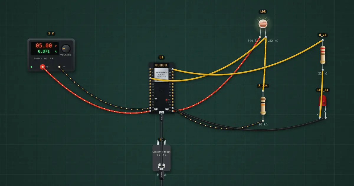 Light sensor with an ESP32: the circuit on the simulator's bench