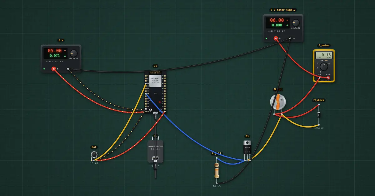 PWM actuator: DC motor through a MOSFET: the circuit on the simulator's bench